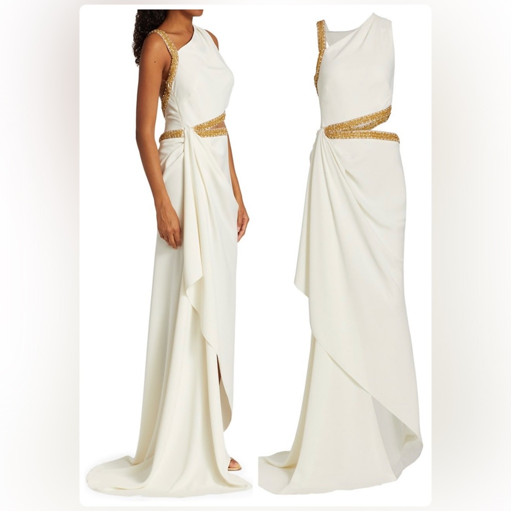 Reem Acra Asymmetric Beaded Draped Cutout Gown White Maxi Crystal Dress